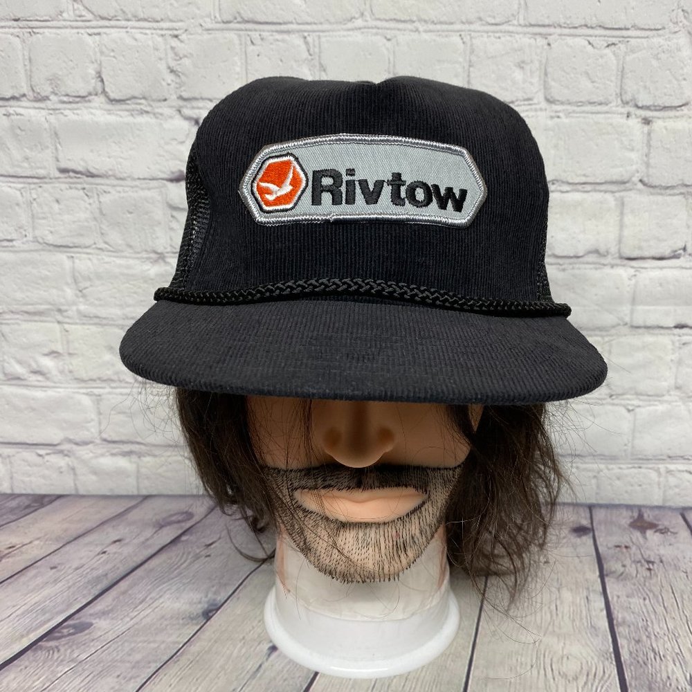 Vintage Trucker Hat Mesh Cap Snapback Black Corduroy Rope RIVTOW Embroidered